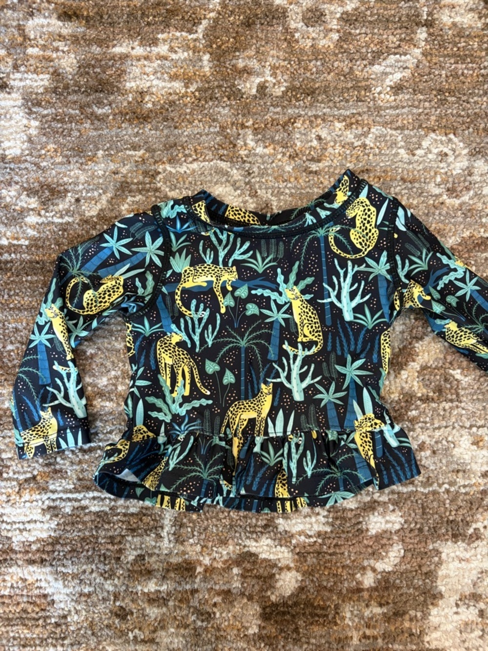 Ruffle Butts Navy Swim Top with Yellow cheetahs and Teal Leaves
